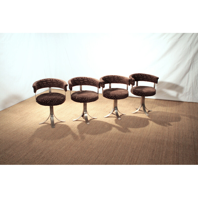 Ensemble de 4 chaises en acier et velours à motif brun, Osvaldo BORSANI - 1970