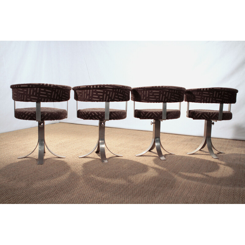 Set of 4 chairs in steel and brown velvet with patterns, Osvaldo BORSANI - 1970s