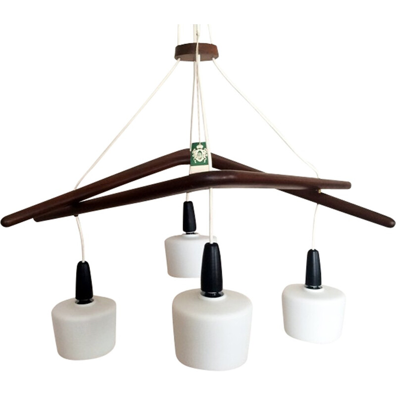 Maison Rispal "Boomerang" hanging lamp in teak and opaline - 1960s