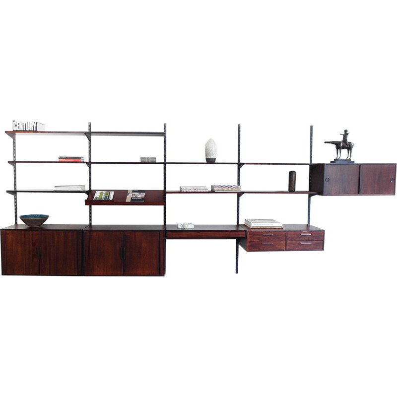 FM Møbler wall-mounted shelving unit in rosewood and metal, Kai KRISTIANSEN - 1960s