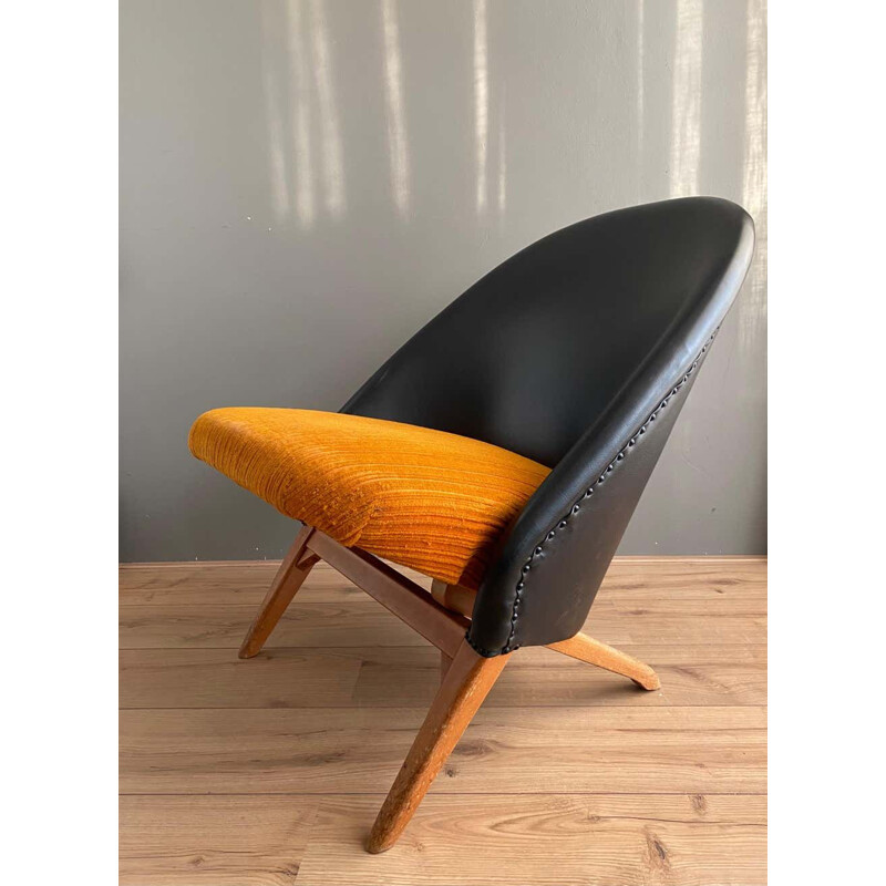 Vintage zwart kunstlederen en oranje stoffen fauteuil van Theo Ruth voor Artifort, 1950