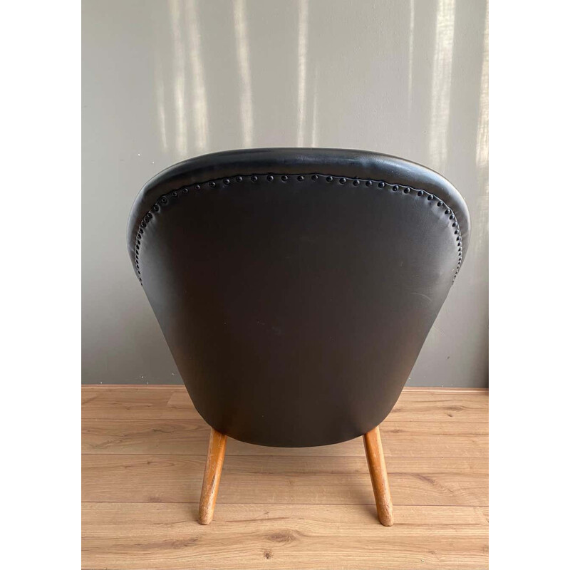 Vintage black leatherette and orange fabric armchair by Theo Ruth for Artifort, 1950