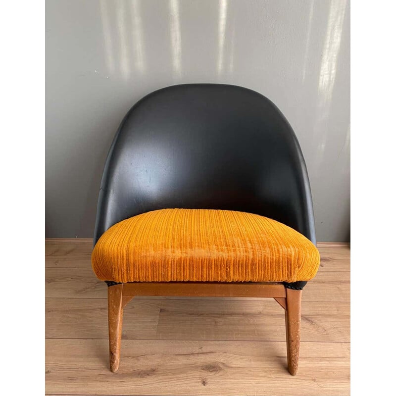 Vintage black leatherette and orange fabric armchair by Theo Ruth for Artifort, 1950