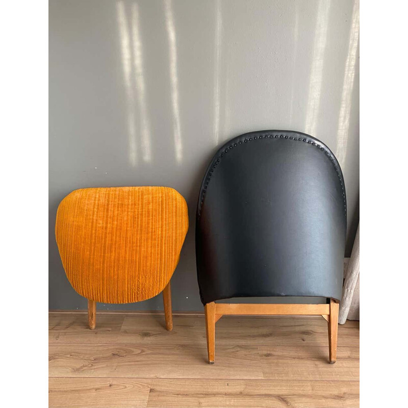 Vintage black leatherette and orange fabric armchair by Theo Ruth for Artifort, 1950
