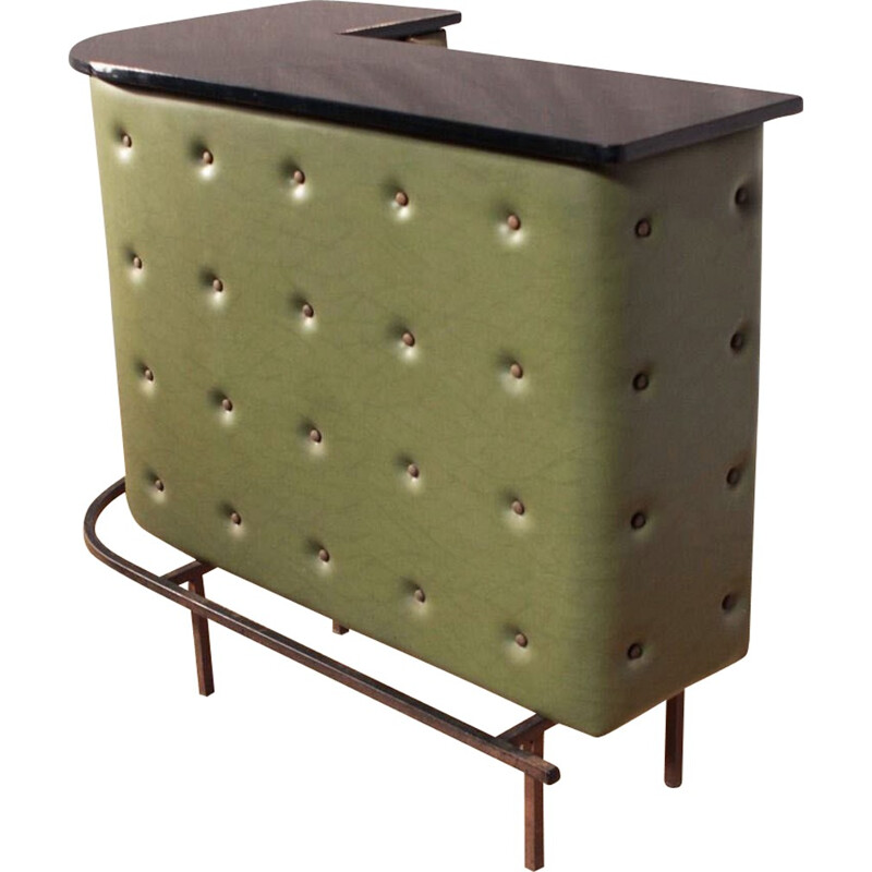 Corner bar in olive green leatherette and metal, Jacques ADNET - 1950s