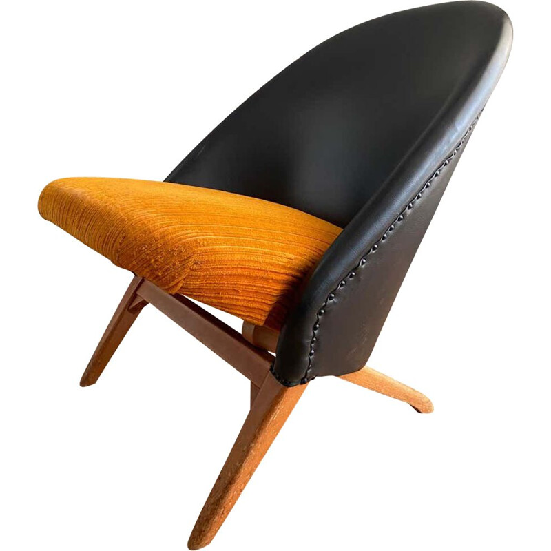 Vintage zwart kunstlederen en oranje stoffen fauteuil van Theo Ruth voor Artifort, 1950