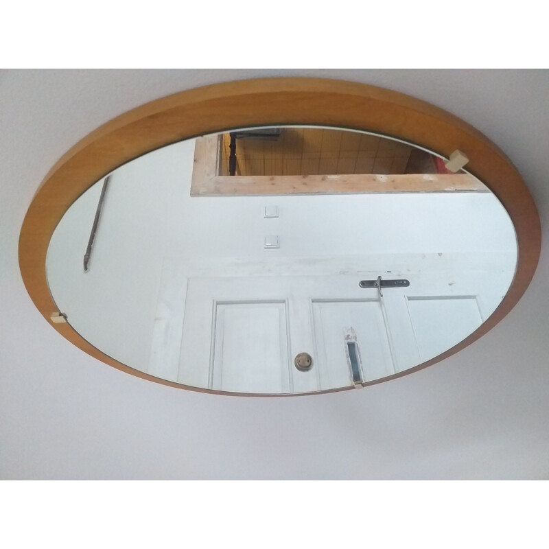 Midcentury Round Teak Veneer Wall Mirror, Denmark, 1960s