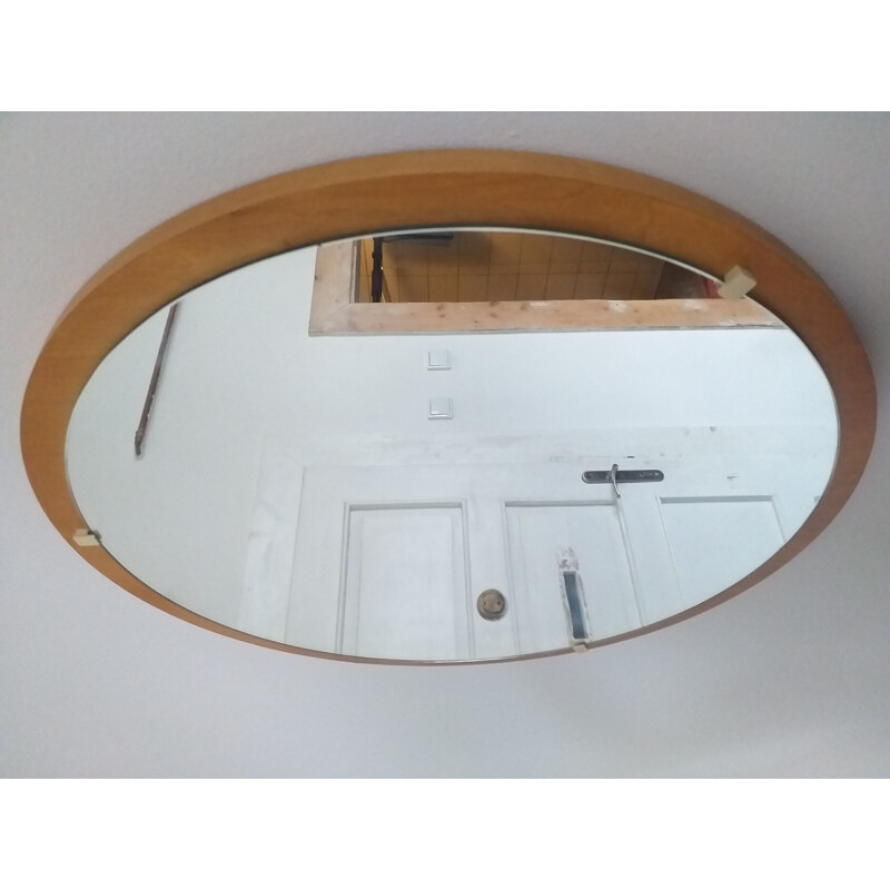Midcentury Round Teak Veneer Wall Mirror, Denmark, 1960s