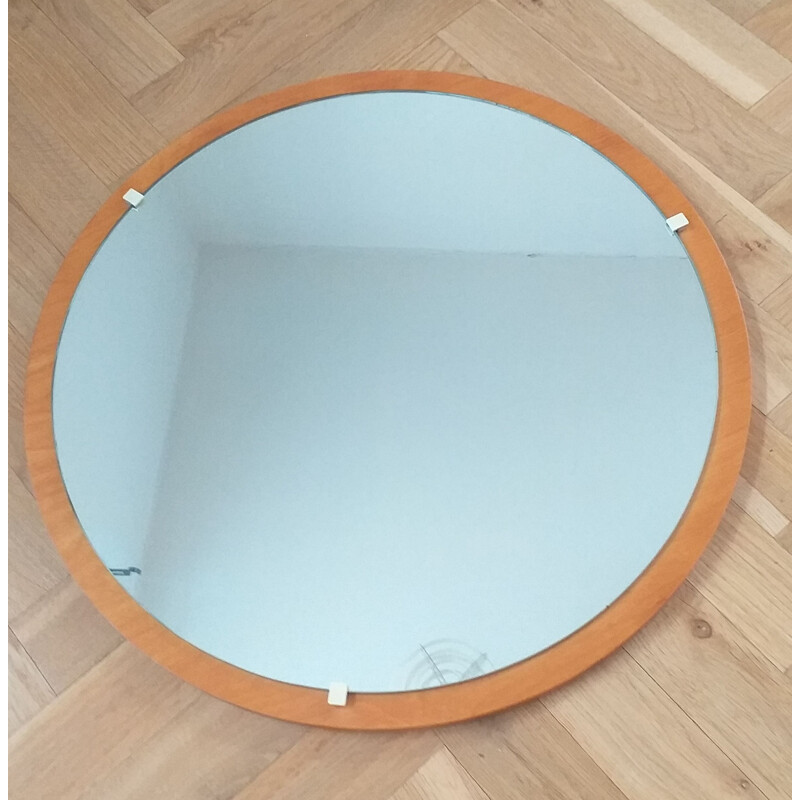 Midcentury Round Teak Veneer Wall Mirror, Denmark, 1960s