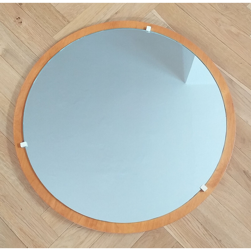 Midcentury Round Teak Veneer Wall Mirror, Denmark, 1960s