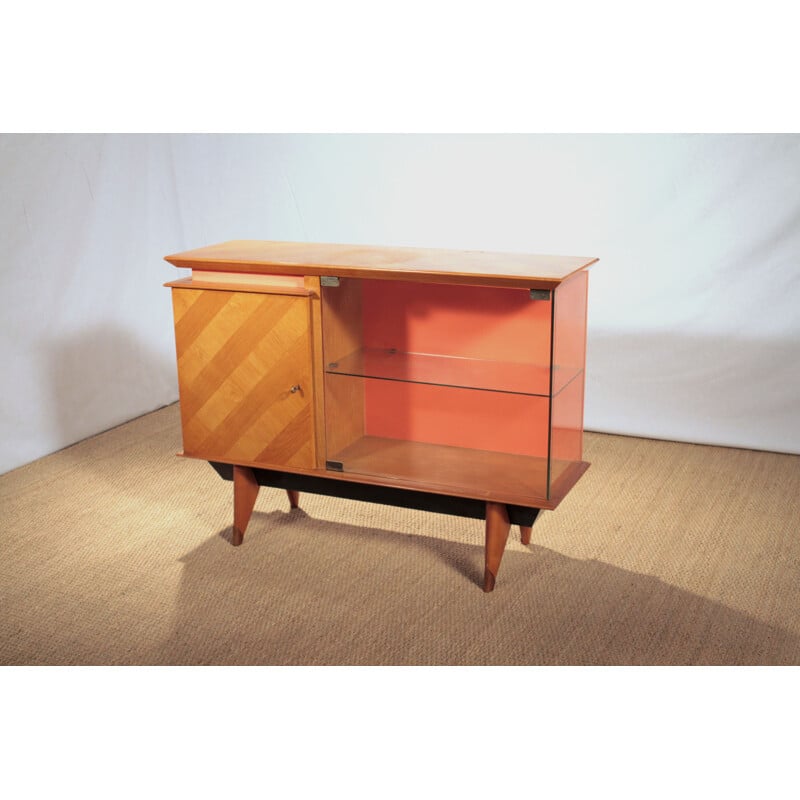 Petit meuble de rangement en bois de merisien et verre - 1950