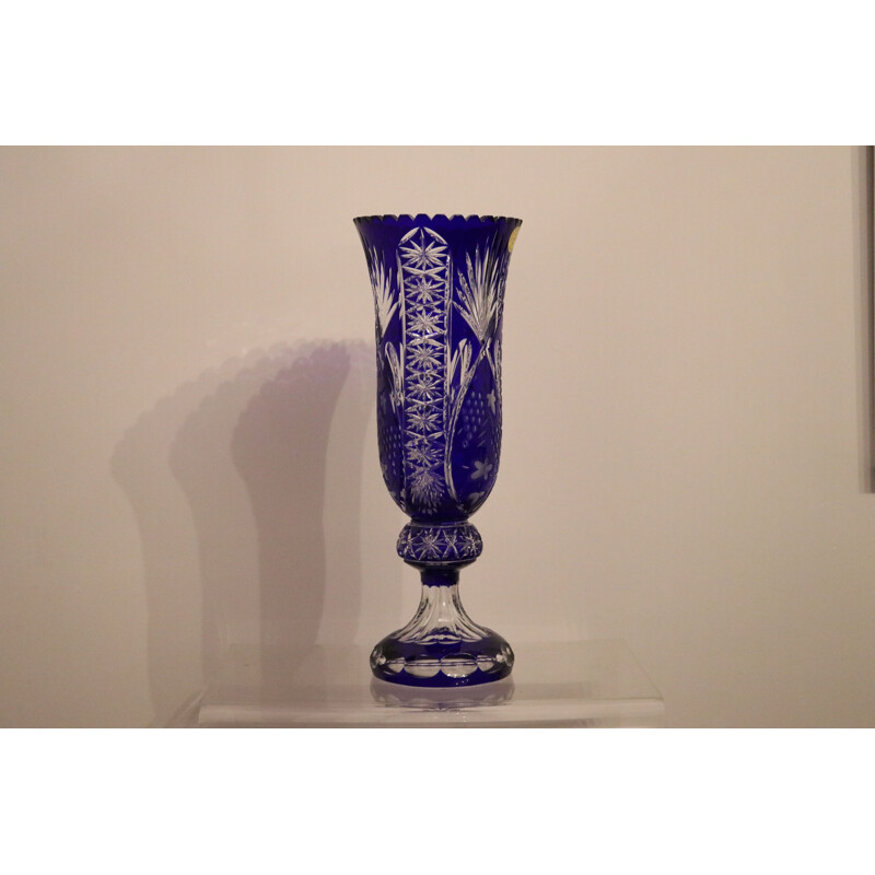 Pair of vintage hand-blown bohemian crystal vases, France 1950