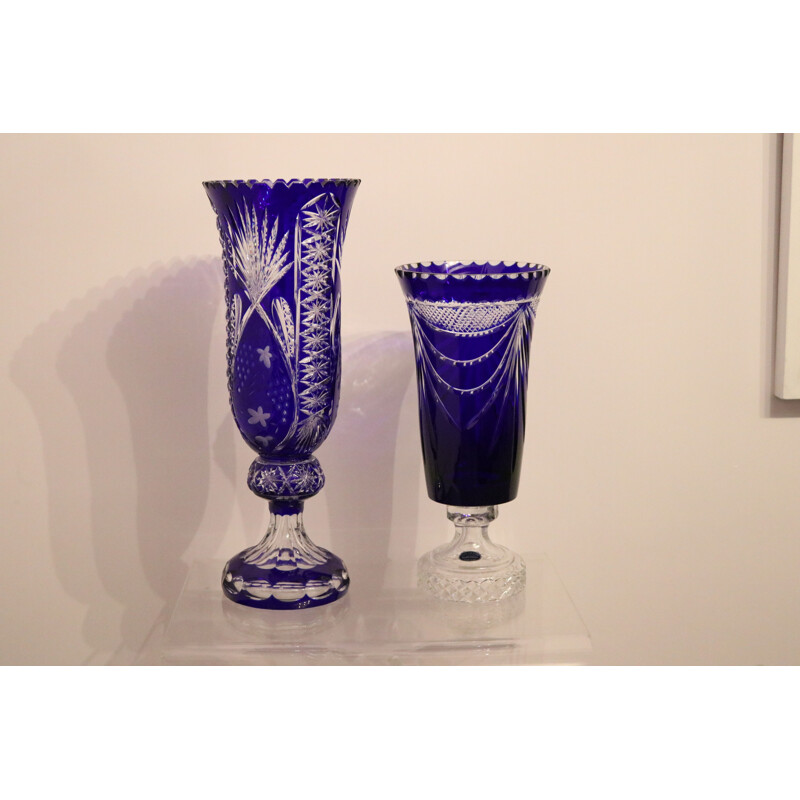 Paire de vases vintage en cristal de bohème soufflé à la bouche et fait main, France 1950