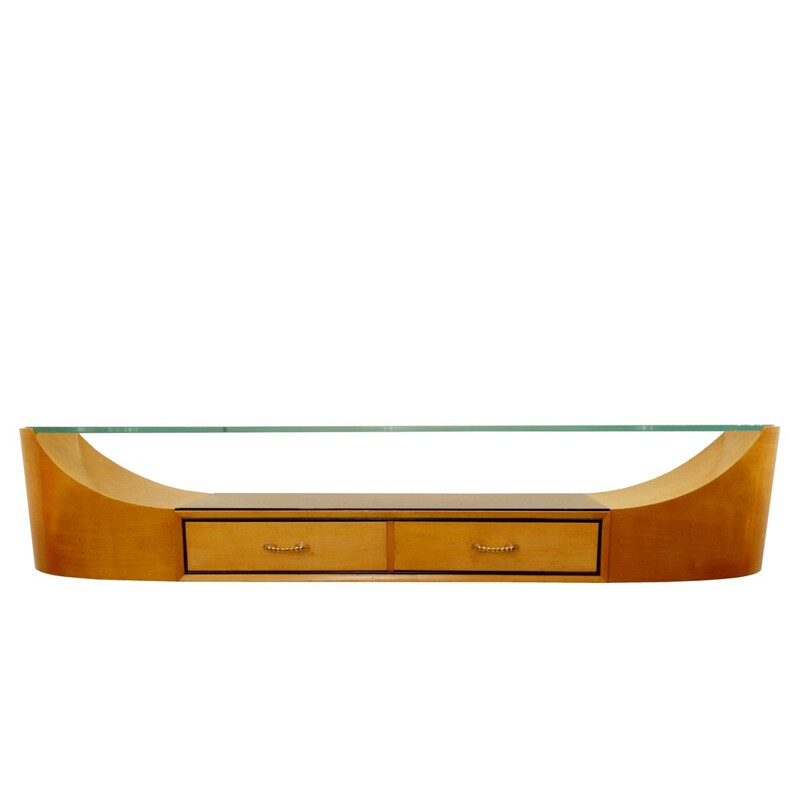 Vintage Art Deco wall console with curved glass top