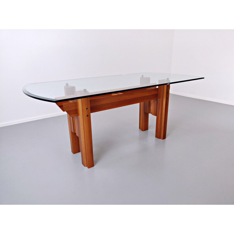 Vintage Dining Table, Wood And Glass Top By Franco Poli For Bernini Italian 1979