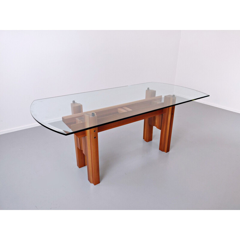 Mesa de jantar Vintage, madeira e tampo de vidro por Franco Poli para Bernini, Itália 1979