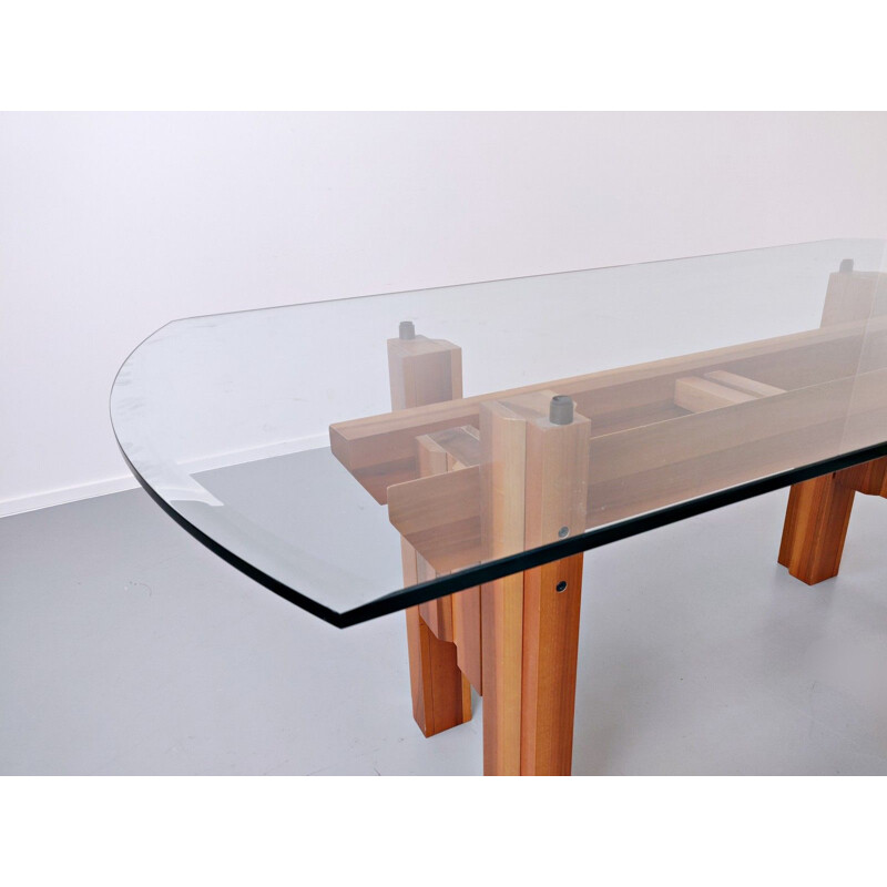 Vintage Dining Table, Wood And Glass Top By Franco Poli For Bernini Italian 1979
