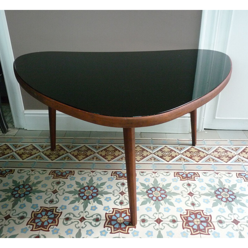 Table vintage Tripode en verre noir et  acajou