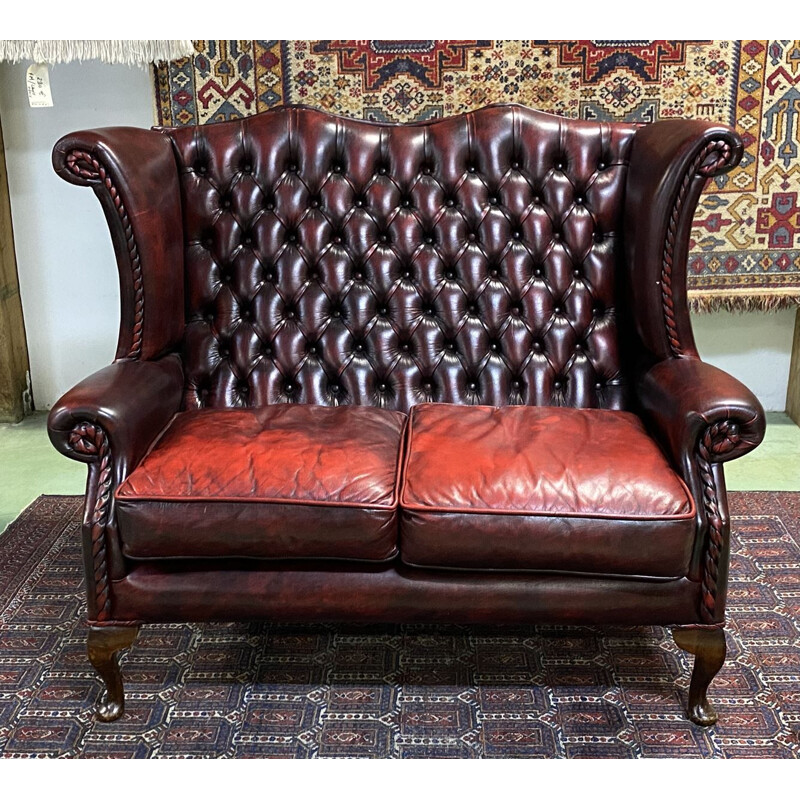 Vintage Chesterfield Sofa with 2 leather ears 2 seats 1980s