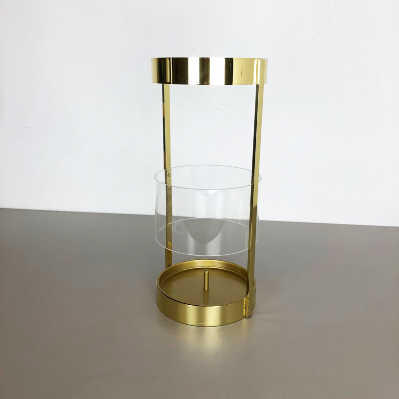 Vintage Hollywood Regency Solid Brass Acryl Glass Umbrella Stand Italy 1970s