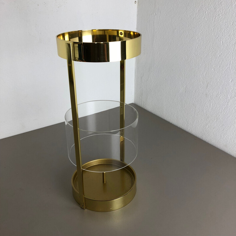 Vintage Hollywood Regency Solid Brass Acryl Glass Umbrella Stand Italy 1970s