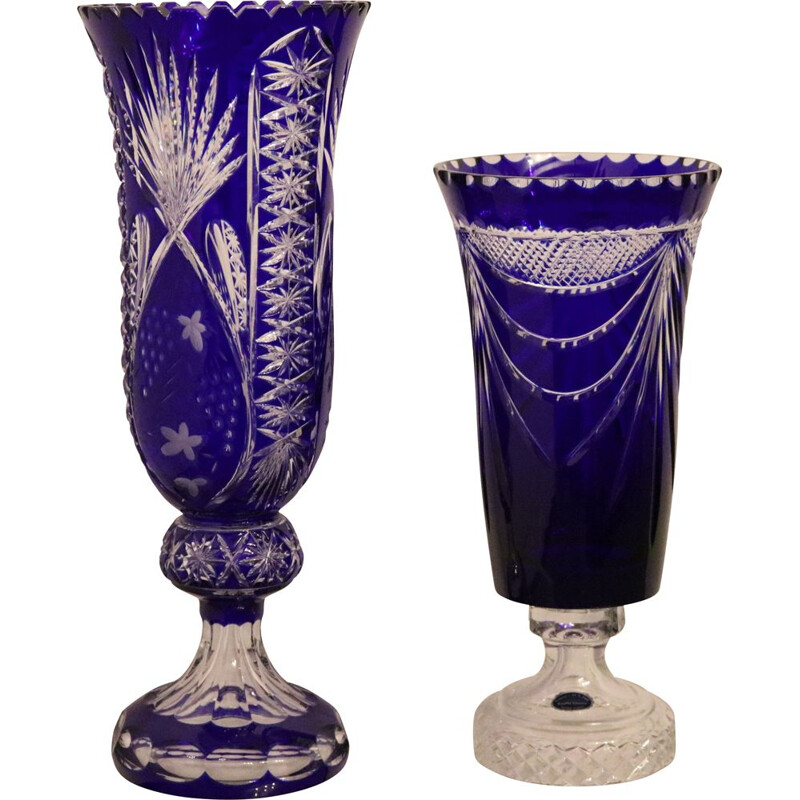 Pair of vintage hand-blown bohemian crystal vases, France 1950