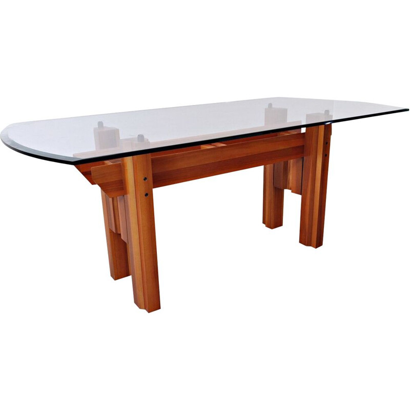 Vintage Dining Table, Wood And Glass Top By Franco Poli For Bernini Italian 1979