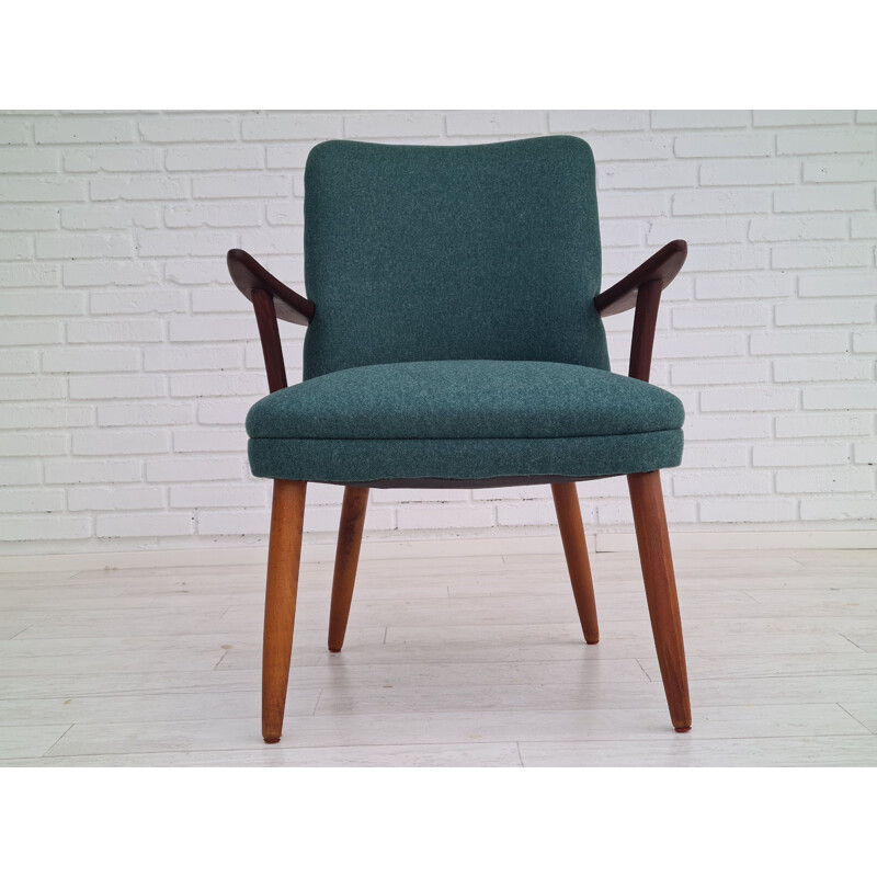 Vintage Deense teakhouten wollen fauteuil 1960