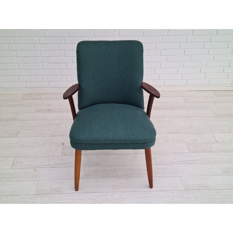 Vintage Deense teakhouten wollen fauteuil 1960