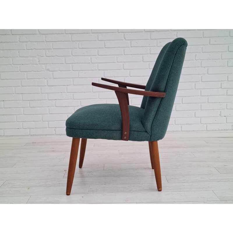 Vintage Deense teakhouten wollen fauteuil 1960