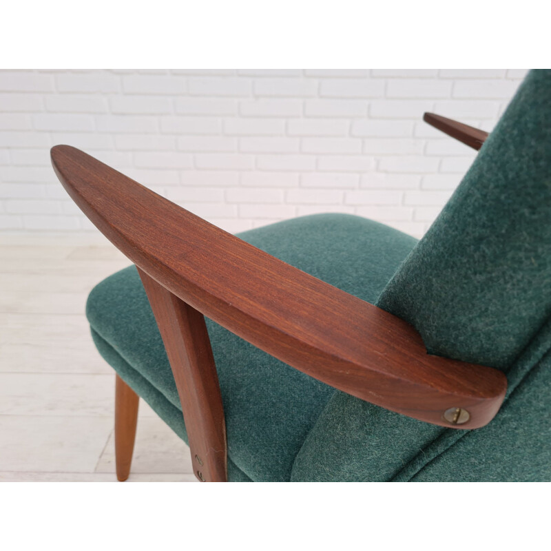 Vintage Deense teakhouten wollen fauteuil 1960