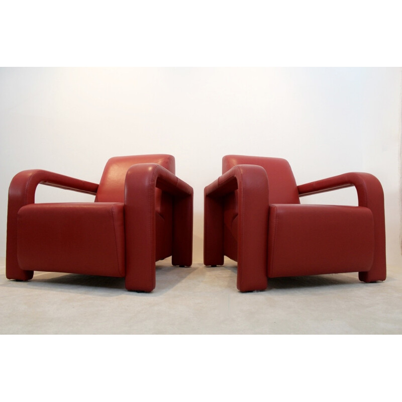 Pareja de sillones vintage tapizados en cuero rojo, Italia 1980