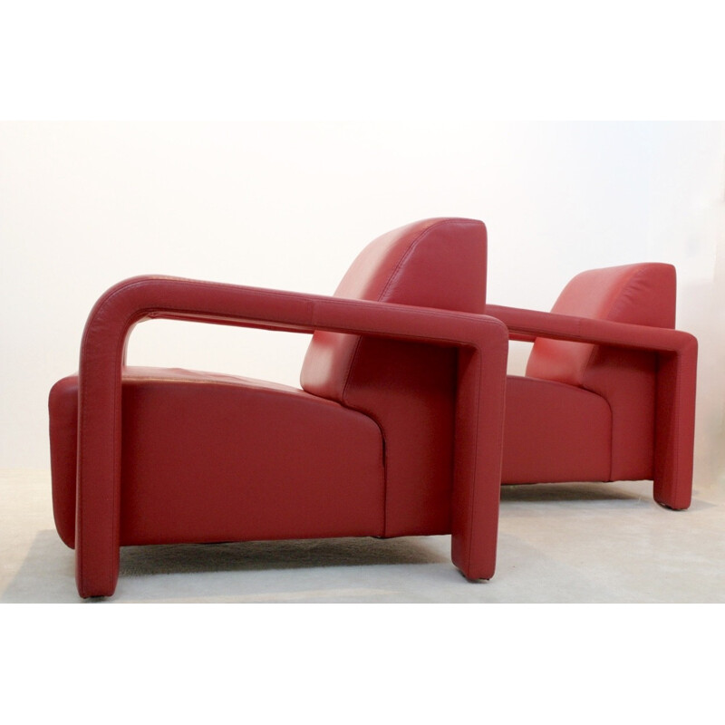 Pair of vintage armchairs upholstered in red leather, Italian 1980