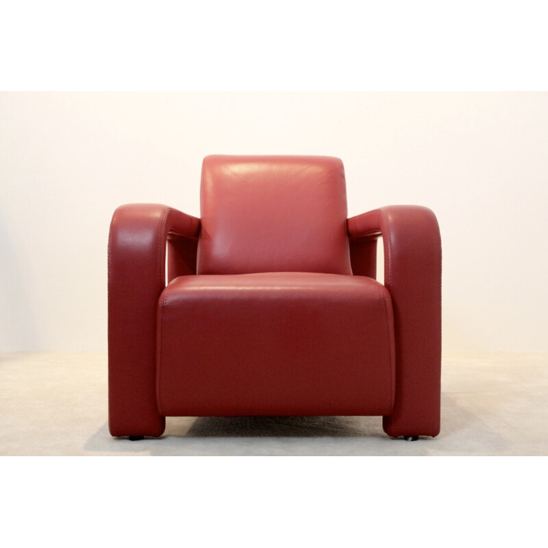 Pair of vintage armchairs upholstered in red leather, Italian 1980