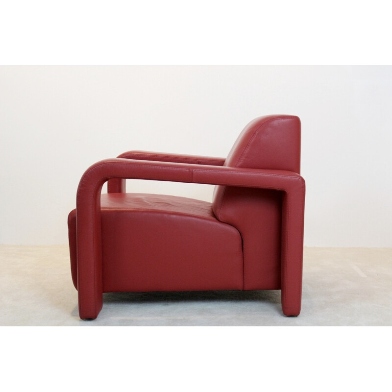 Paar vintage fauteuils bekleed met rood leer, Italiaans 1980