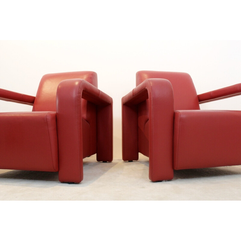 Pair of vintage armchairs upholstered in red leather, Italian 1980