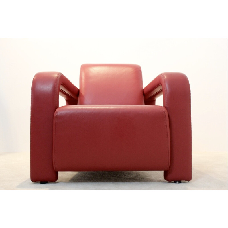 Paire de fauteuils vintage tapissé en cuir rouge, Italien 1980