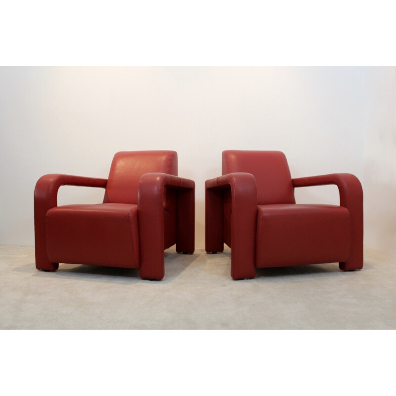 Pair of vintage armchairs upholstered in red leather, Italian 1980