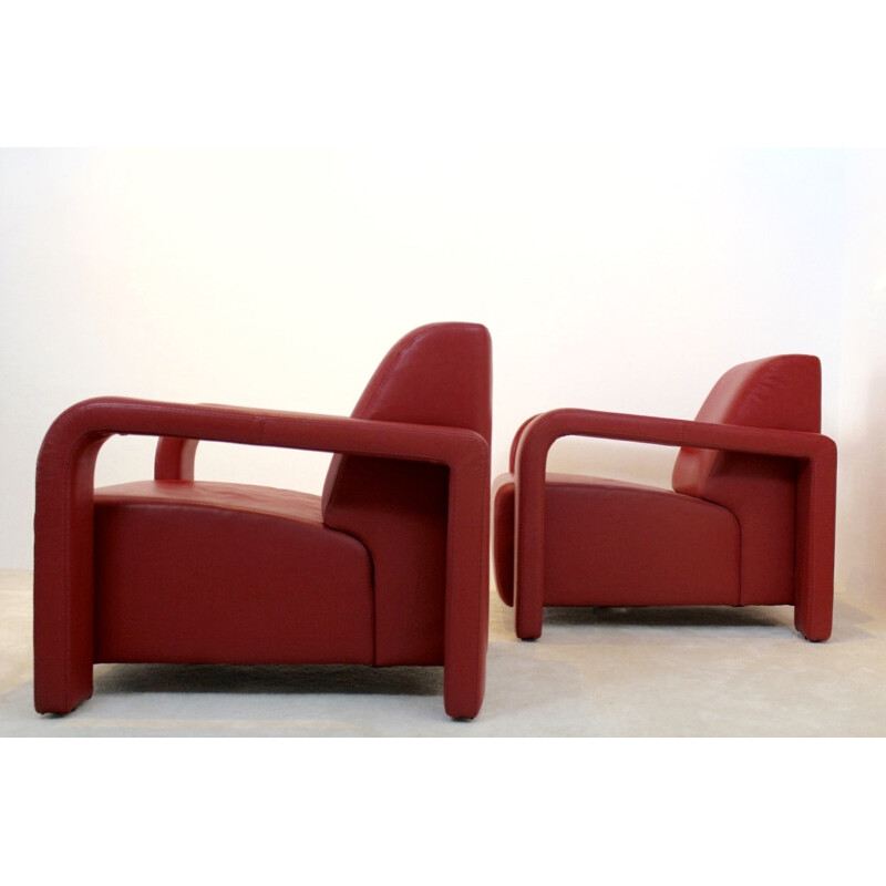 Pair of vintage armchairs upholstered in red leather, Italian 1980