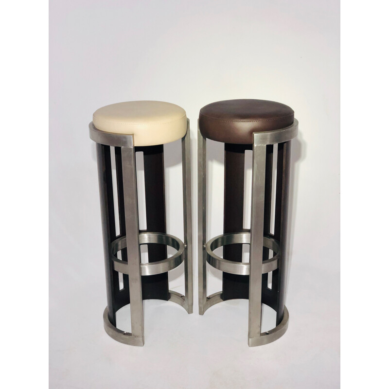 Pair of vintage wooden and aluminium bar stools 1990s