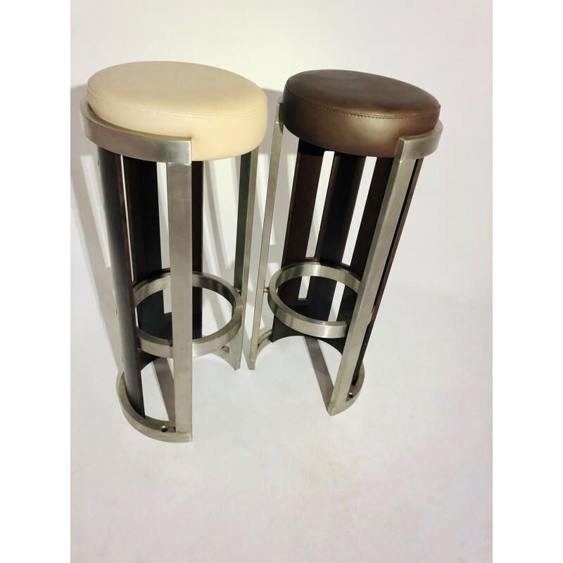 Pair of vintage wooden and aluminium bar stools 1990s