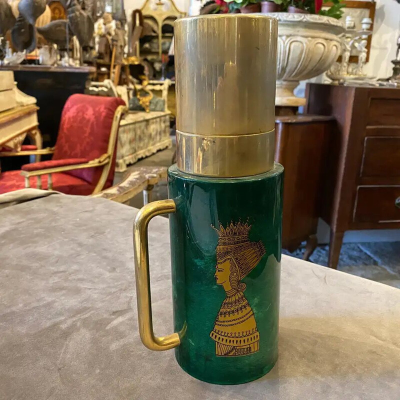 Vintage Aldo Tura Green Goatskin and Brass Carafe 1960s