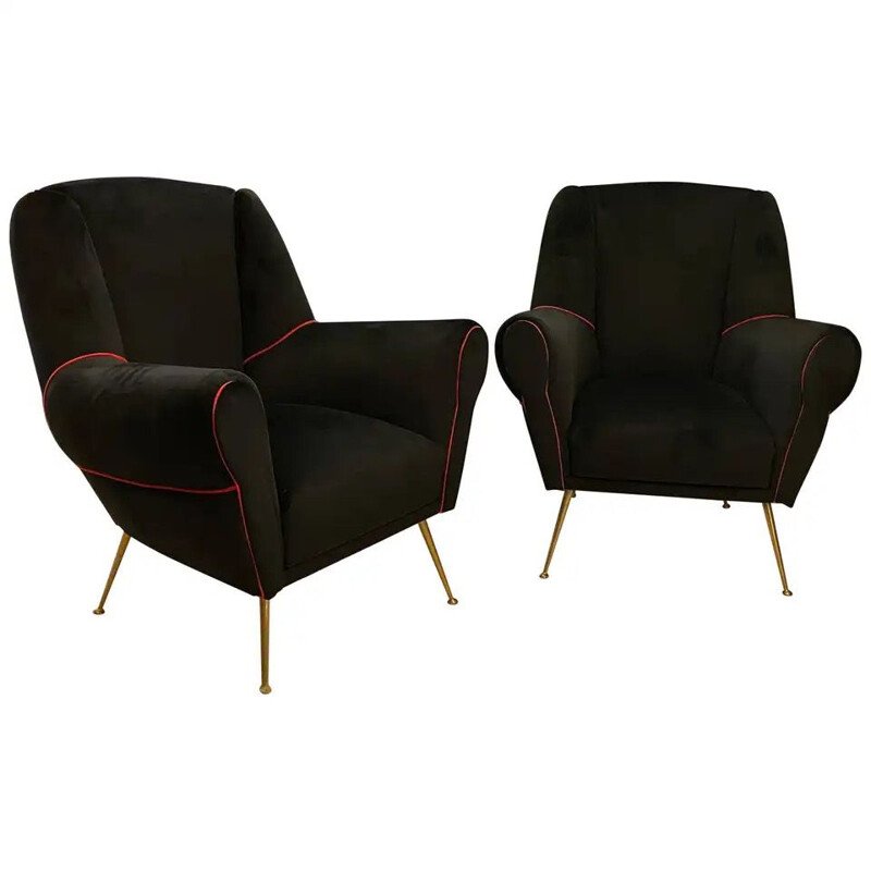 Pair of vintage Brass and Black Velvet Armchairs Italy 1950s