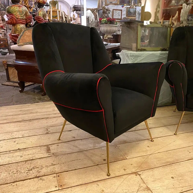 Ein Paar Vintage-Sessel aus Messing und schwarzem Samt Italien 1950