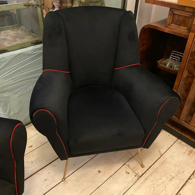 Pair of vintage Brass and Black Velvet Armchairs Italy 1950s