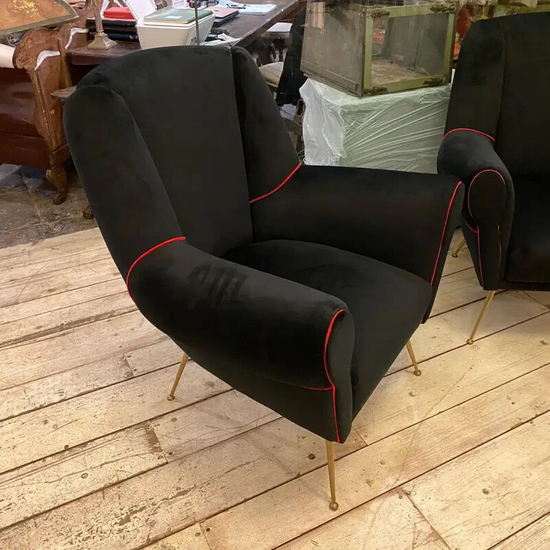 Pair of vintage Brass and Black Velvet Armchairs Italy 1950s