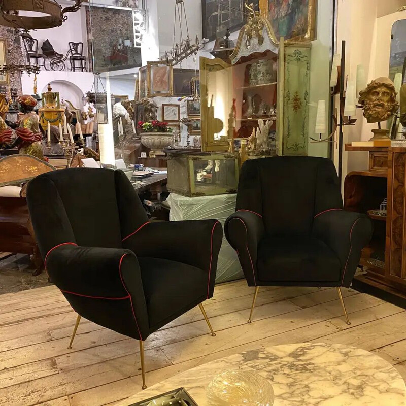 Pair of vintage Brass and Black Velvet Armchairs Italy 1950s