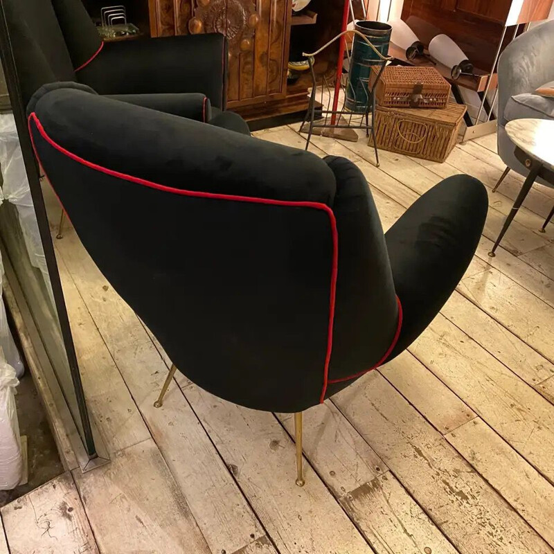 Pair of vintage Brass and Black Velvet Armchairs Italy 1950s