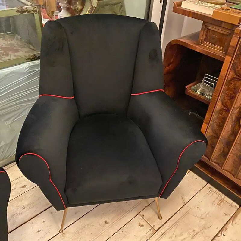 Pair of vintage Brass and Black Velvet Armchairs Italy 1950s