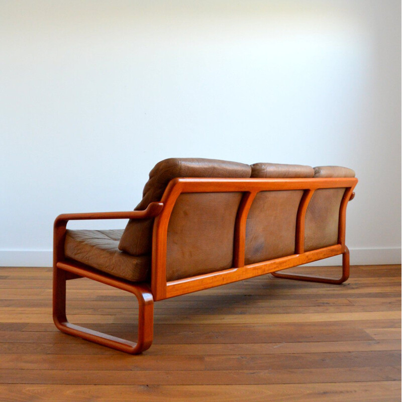 Vintage teak and leather sofa by Holstebro Möbelfabrik 1970s